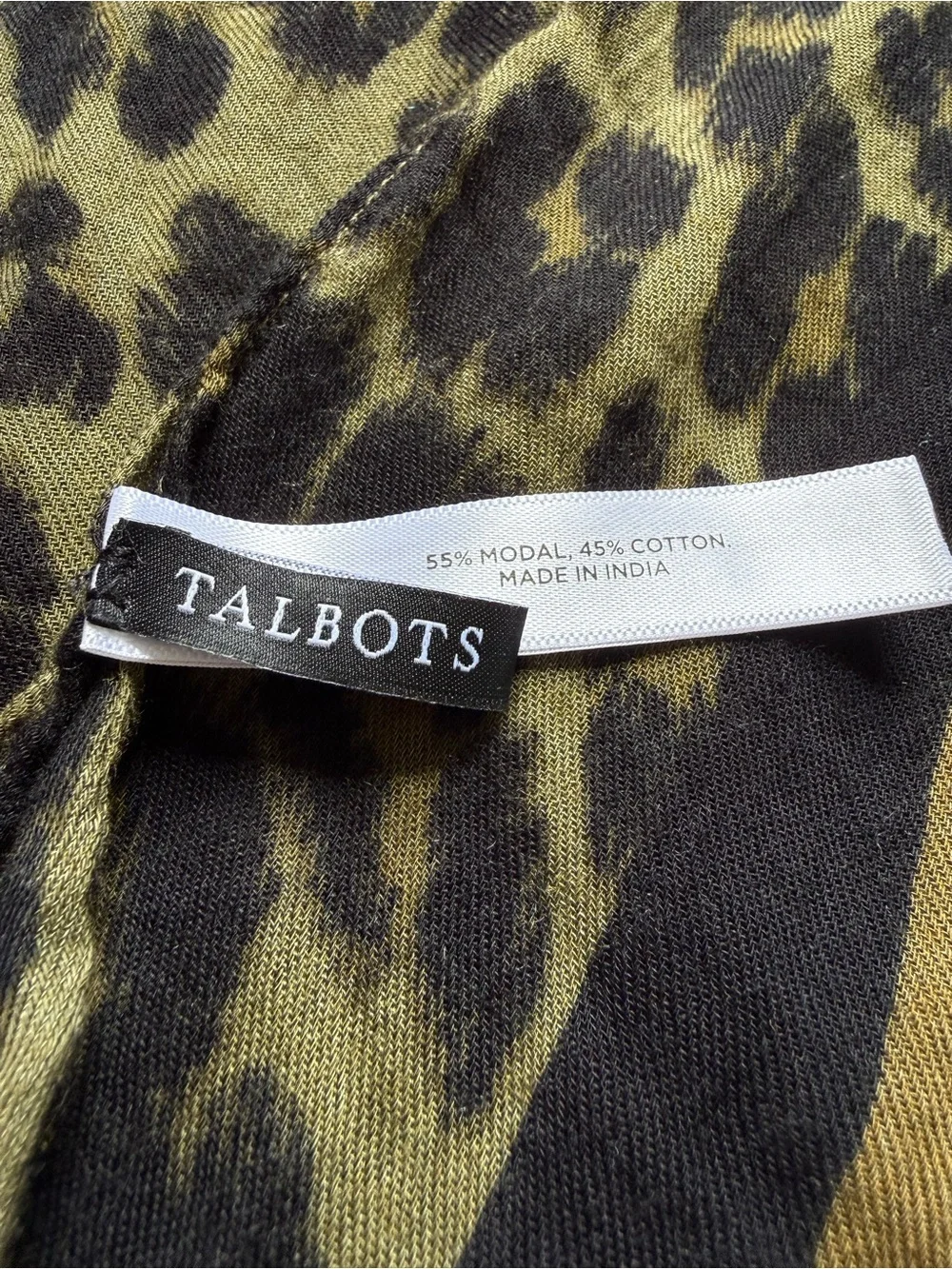 Talbots Olive Black Leopard Animal Print Modal Cotton Knit Scarf Fringe 72x28